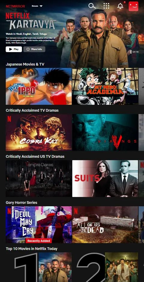 NetMirror app home screen with featured movie and Netflix-style category rows