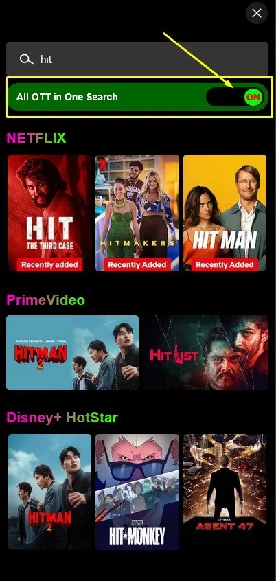 NetMirror "All OTT in One Search" feature — typing "hit" once surfaces matches across Netflix, Prime Video and Disney+ Hotstar