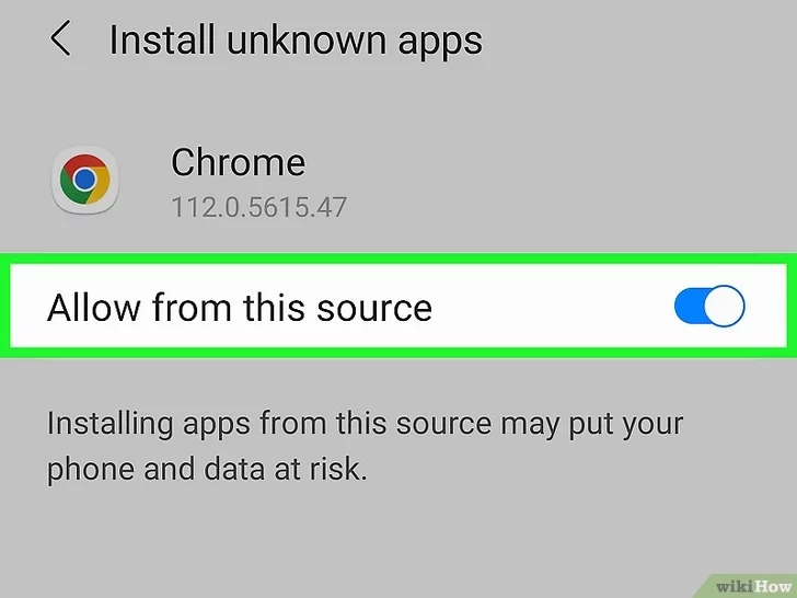 Android settings showing Allow from this source toggle enabled for Chrome