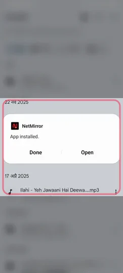 NetMirror App installed dialog with Done and Open buttons