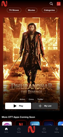 NetMirror iOS app home screen with Dhurandhar movie poster