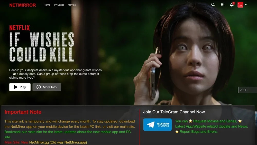 NetMirror PC home page with Netflix If Wishes Could Kill featured banner